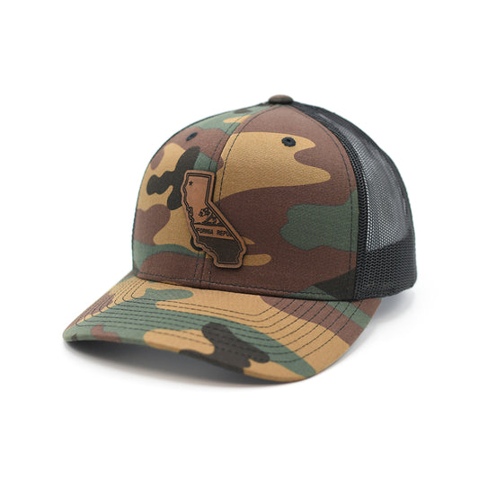 CA State Flag Leather Patch Hat Camo Black