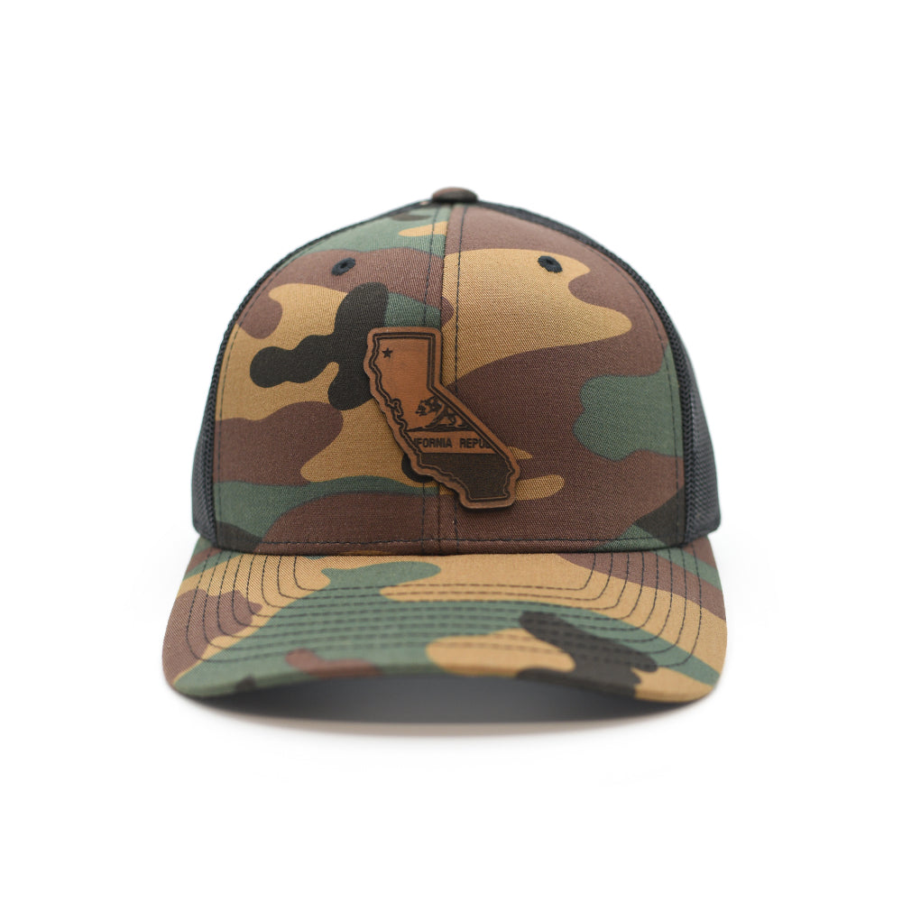 CA State Flag Leather Patch Hat Camo Black